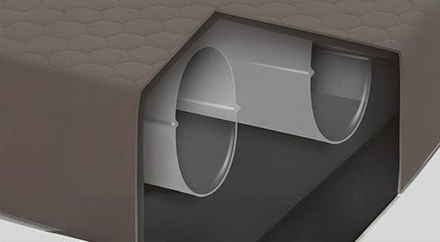 エアベッドの一部を切り開き、内部に並ぶエアチューブを見せた断面図