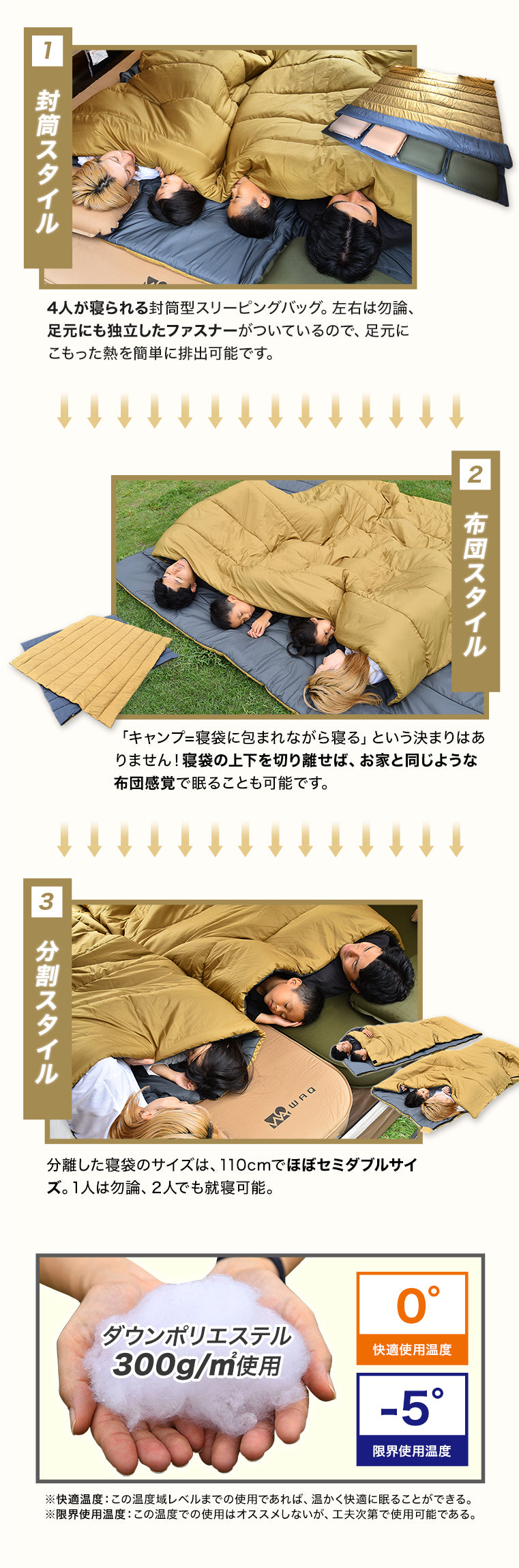 WAQ DD SLEEPINGBAG ファミリー用 両開きタイプ寝袋 3シーズン使用可能 快適使用温度0℃【送料無料 / 一年保証】